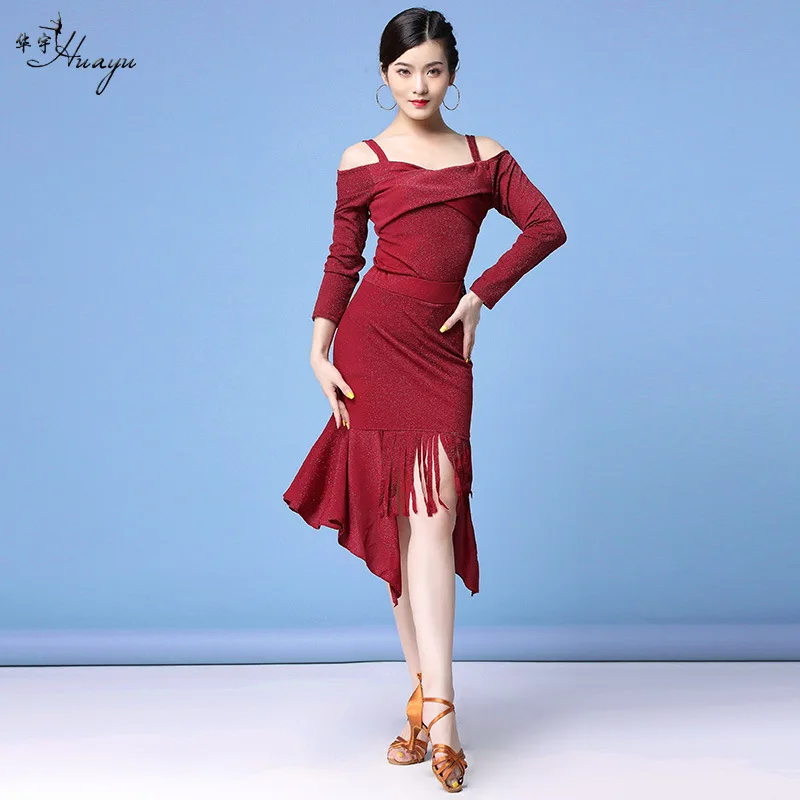 

Huayu Dance 2019 New Style Latin Dance Costume Top Grade off-Shoulder Fitted Skirt Set Exercise Clothing Stage Performance