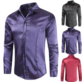 

Spring Autumn Version Imitation Silk Breathable Shirt Casual Men Solid-color Slim Long-sleeve Shirt Button Fashion Top Coat