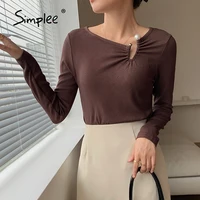 Simplee Office hollow out long sleeve women blouse autumn Elegant fashion knit fashion sweater top Casual black white ladies top