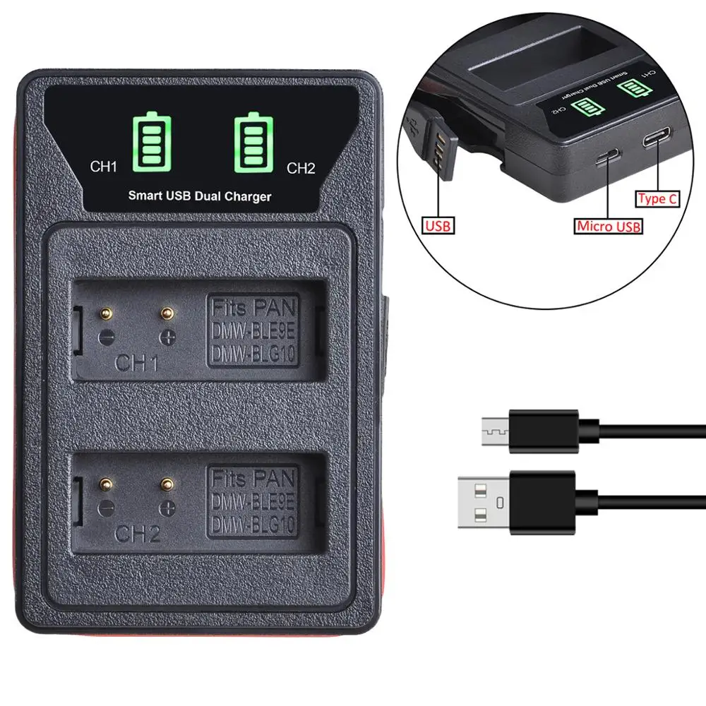 1500mAh DMW-BLG10 DMW BLG10 BLG10E Battery +LED Dual Charger with USB and Type-c for Panasonic LUMIX GF5 GF6 GX7 LX100 GX80 GX85 coin battery Batteries