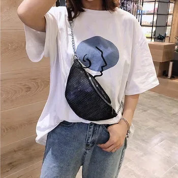 

Waist Packs Women Hot Streetwear Banane Waist Bag Female Mesh Sequins Chest Bag Fashion Metal Chain Fanny Packheuptas Wandelen