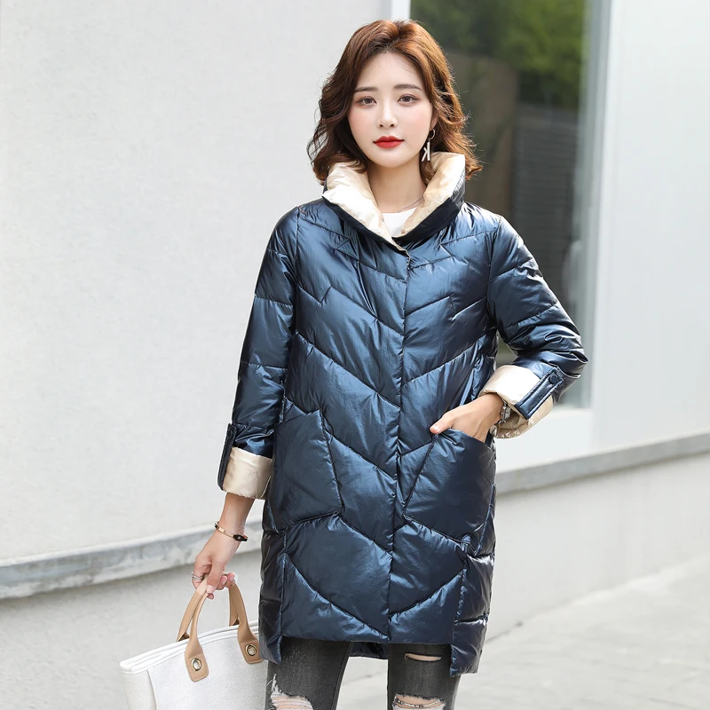 

stand collar quilted winter long coat women cotton-padded glossy paint irregular outwear sales thick pockets windbreaker Jackets