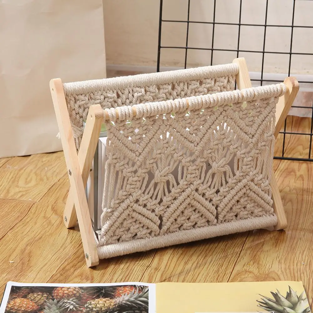 북유럽 컨트리 스타일 코튼 로프 짠 스토리지 랙 Macrame 잡지 랙 작은 Boho 도서 신문 홀더 주최자