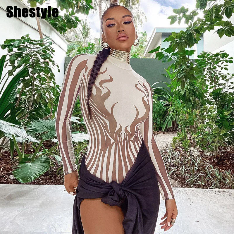 Shestyle-bodys de cuello de imitación para mujer, ropa de Primavera de manga larga, Sexy, con estampado de moda, tendencia de albaricoque, elegante