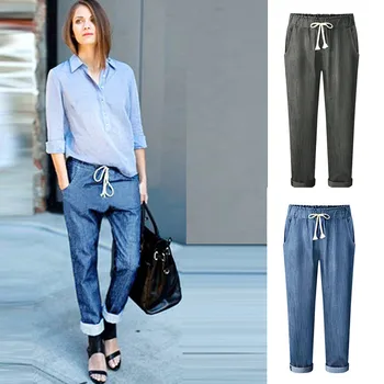 

Women Loose Jeans Mid Waist Pure Color Trousers Denim Elastic Waist Stretchy Pants vaqueros mujer calça jeans feminina sea4