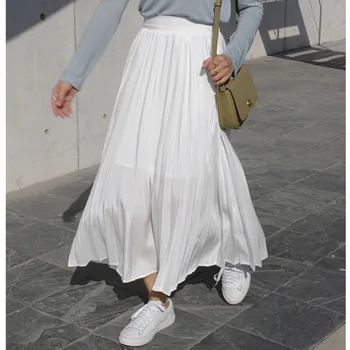 

WOMENGAGA NEW 2020 Summer New White Simple Elasticated High Waist Skirt Korea Fold Elegant Girl Female Skirt Q005