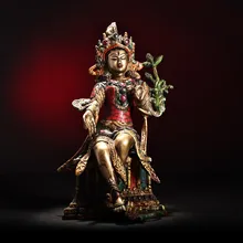 

11"Tibetan Temple Collection Old Bronze outline in gold mosaic gem Seven Eyes Tara Free Tara Bodhisattva Sitting Buddha Exorcis