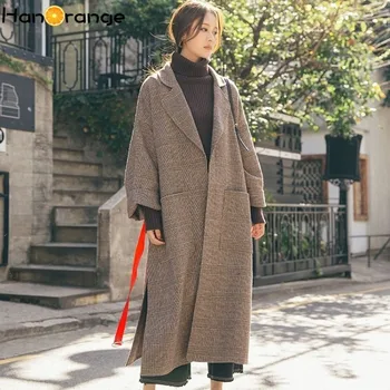 

Vintage Plaid Belt Coat Winter 2020 Autumn Chic Drop Shoulder Women Woolen Overcoat