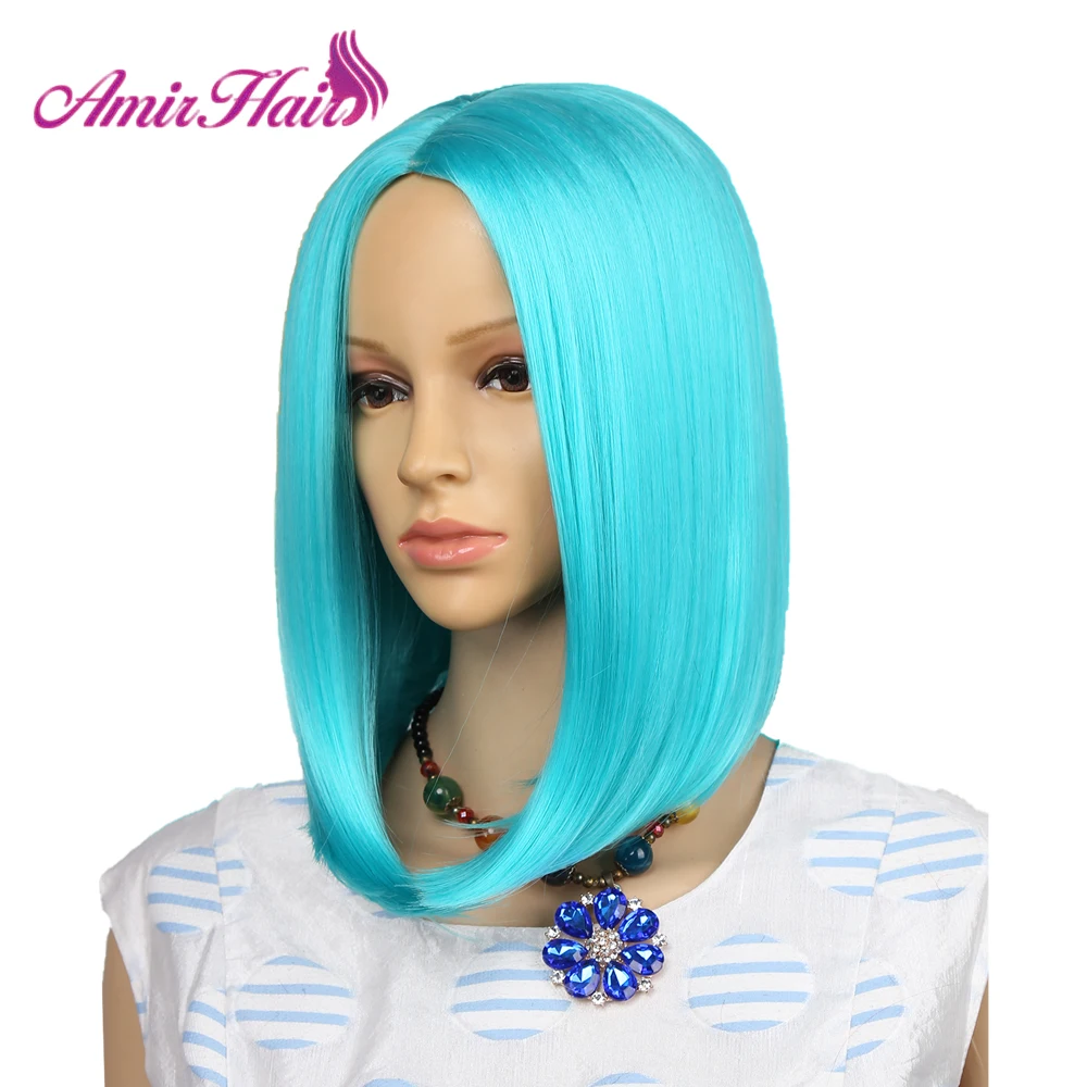 long Bob Wigs Straight hairstyle Brown Purple Ombre red Hair wig For Women Middle Part Fake Hair less shine Wig Cosplay