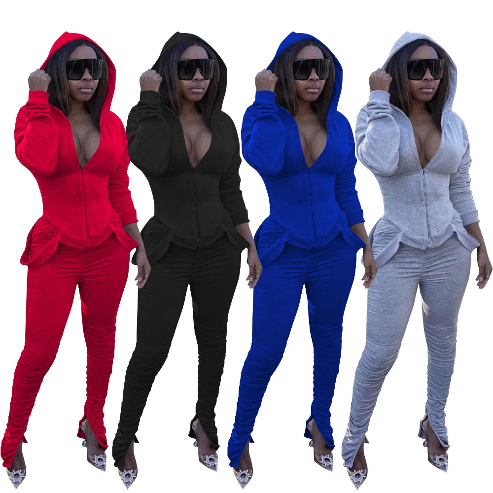 

Winter Fall New Womens Two Piece Set Sexy Stacked Activewear Hooded Sweatshirt and Split Hem Ruched SweatPants Matching Set