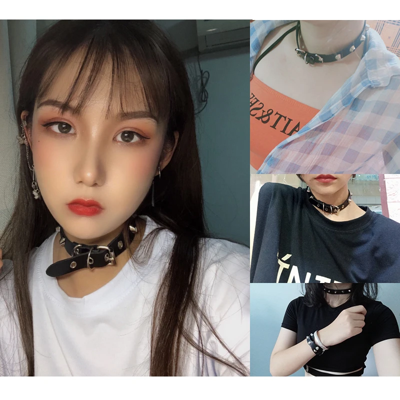 Hot Punk Harajuku Collar Rivets Choker Necklace PU Leather Bracelet Goth Handmade Neck Jewelry wristband