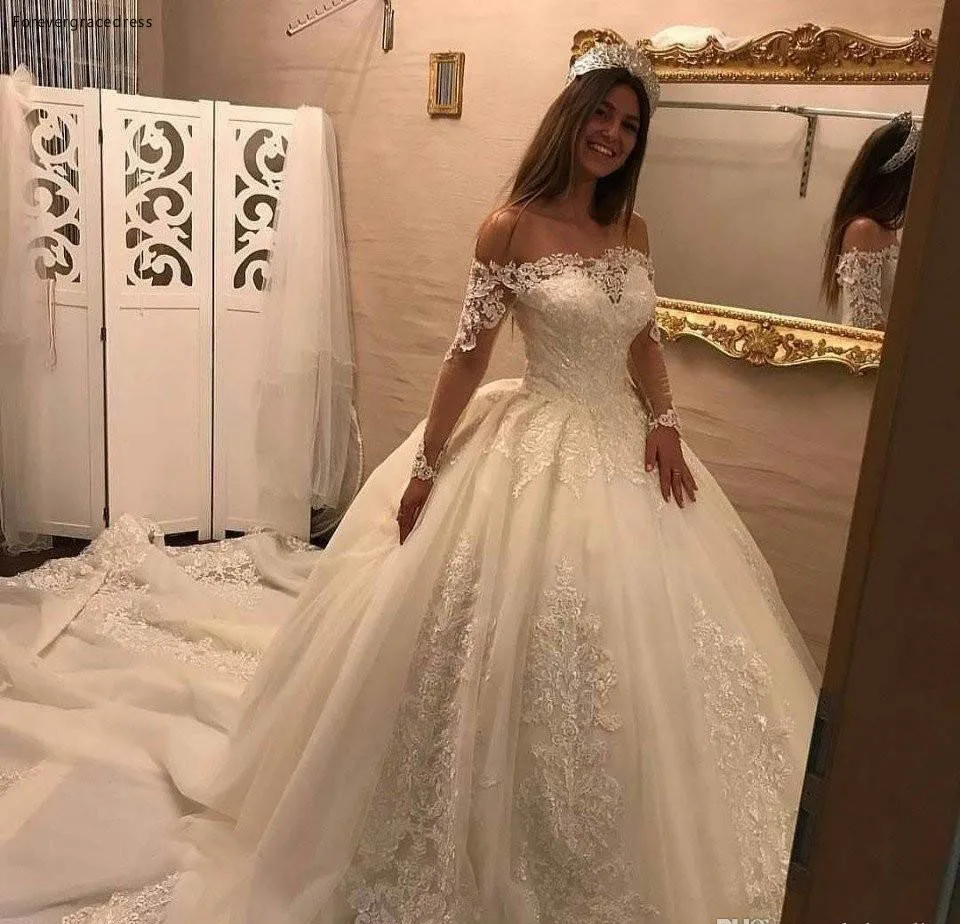 Винтажное свадебное платье в арабском Дубае с длинными рукавами, кружевное свадебное платье принцессы с открытыми плечами и аппликацией размера плюс на заказ