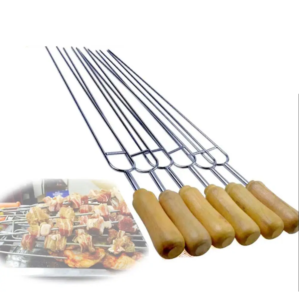 6PCS Stainless Steel U-Shaped Barbecue Brazing Fork Needle Barbecue Grilling Skewers Metal Skewer Double Prongs BBQ Tools #4W