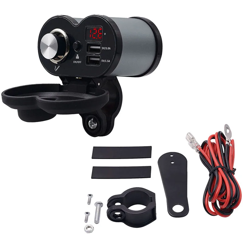 

Dual USB Motorcycle Charger with Voltmeter Time Display with On/Off Switch