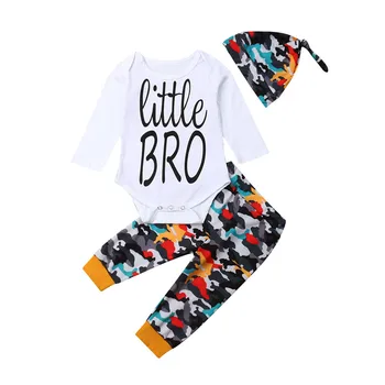 

0-24M Baby Boy 3pcs Clothes Set Unique Letter Long Sleeve Jumpsuit Fashion Camouflage Long Pants with Hat Newborn Infant Boy Set