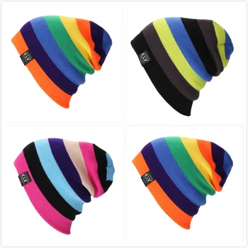 

Unisex Hat Men's Winter Beanie Man Skullies Knitted Beanies Women Winter Hats Autumn Gorros Hip Hop Striped Rainbow Colors Caps