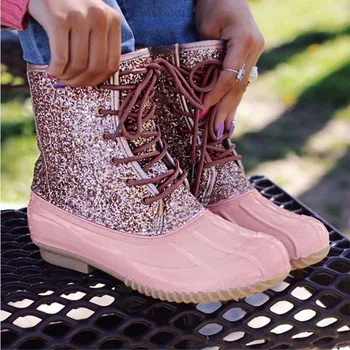 

2019Hot Sale Woman Waterproof Boots Glitter Rain Boot Female Bling Lace Up Plus Size Ankle Boots Low Heel Platform Fashion Shoes