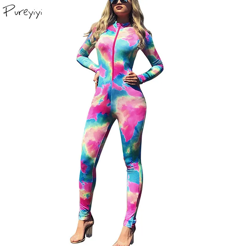 

Women Sports Jumpsuit Fitness Skinny Colorful Sportswear Female Elastic Full Sleeve Turtleneck Colorful Printing Activewear