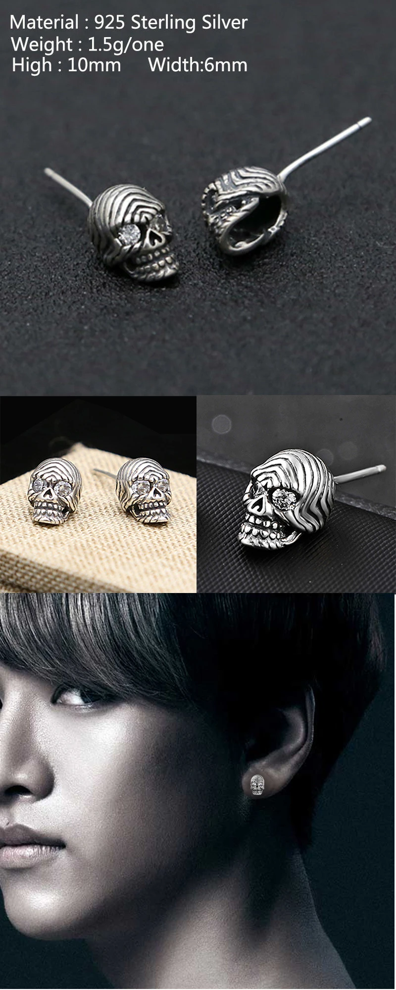 Пара из чистого 925 пробы серебра пробы, серьги-гвоздики в виде черепа, ювелирные изделия в стиле панк, Пираты, скелет для мужчин и женщин, специальный подарок