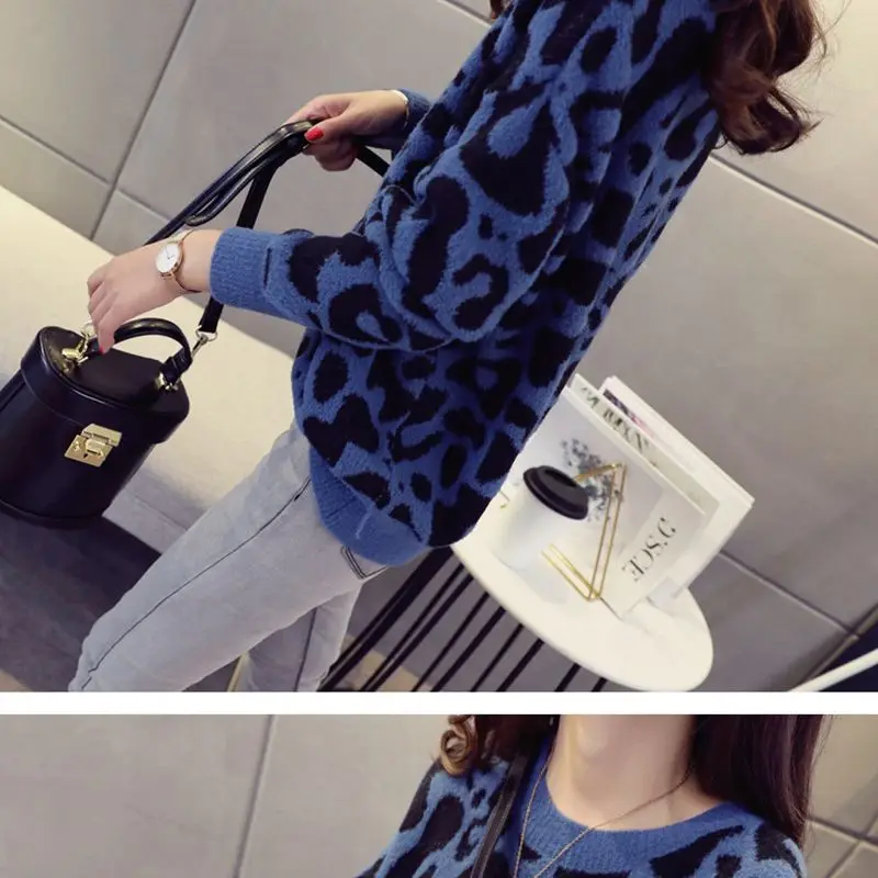 Binghuai женский леопардовый вязаный свитер зимний с животным принтом Зимний толстый длинный рукав женские пуловеры повседневные топы B6-32