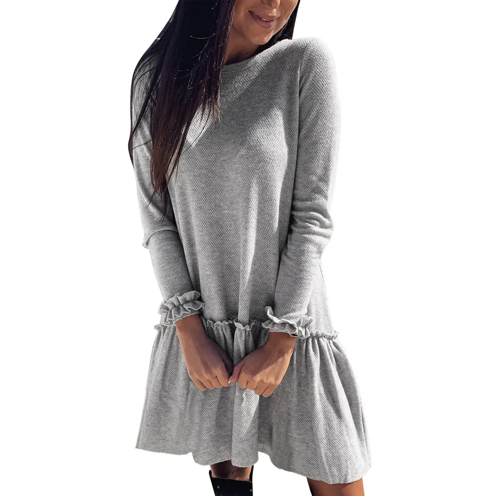 

JAYCOSIN Autumn Ladies Solid Color dresses Women ruffle pleated short dress Gray Pink Elegant holiday loose beach mini dress 919