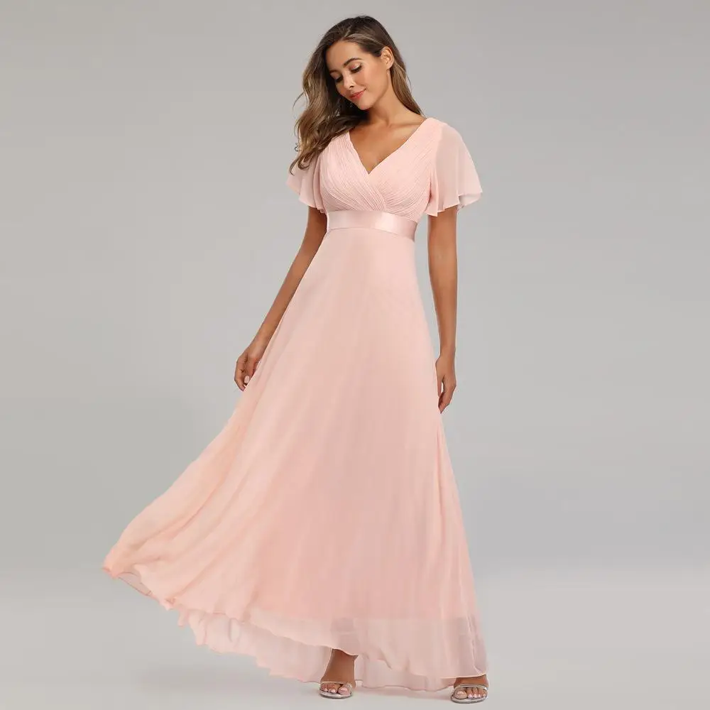 Элегантное шифоновое вечернее платье для девушек с v-образным вырезом и рукавом-бабочкой, длинное платье, ТРАПЕЦИЕВИДНОЕ платье для выпускного вечера, розовое платье Vestidos - Цвет: Розовый