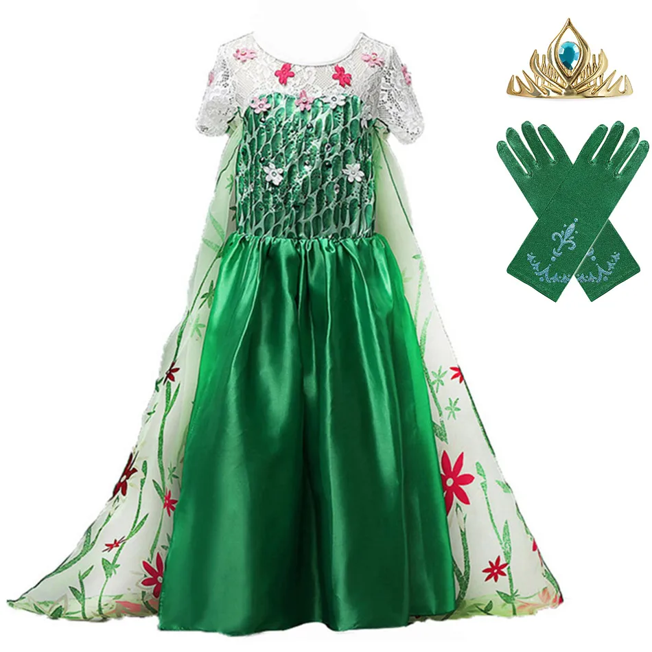 Frozem Fever/платье Эльзы для дня рождения; Карнавальный костюм для девочек; зеленое платье с цветочным рисунком; детское длинное платье принцессы Эльзы - Цвет: Crown and Gloves