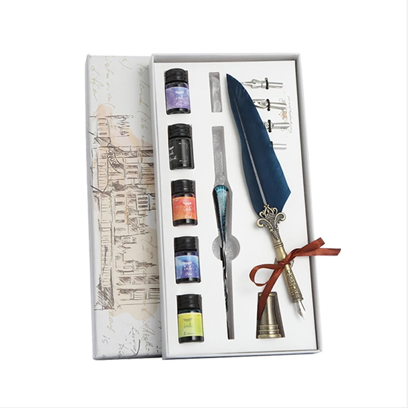 Glass pen ink starry sky dip pen crystal pen feather set student manual gradient color net red color ink pen