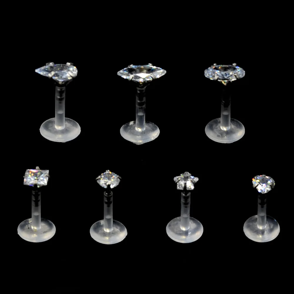 1Pc Bioplast Flexible 16G 6/8mm Ear Cartilage Tragus Piercing Body Jewelry Push-in Labret Lip Stud with Press Fit Steel Zircon - Image 4