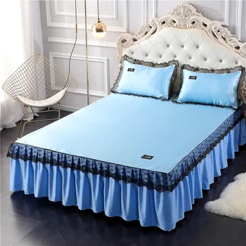 

2/3pcs Lace Bed Skirt Set Summer Cool Viscose Bed Sheet Cover Solid Blue Bedspread Decor Bedding Queen King Size Home Textile