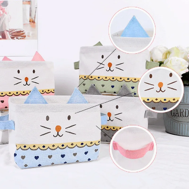 

Foldable Sundries Storage basket Cute Printing Cosmetics Container Multifunction Cotton Linen Storage Basket Desktop organizer1