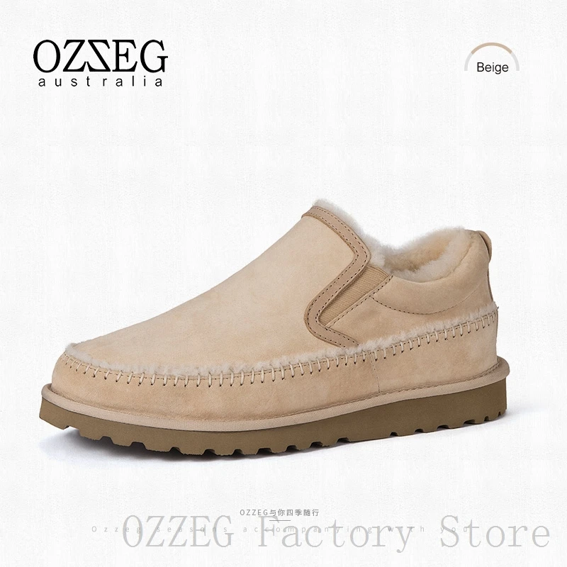 OZZEG/Роскошные брендовые классические мужские туфли; повседневные ботильоны из натуральной кожи в австралийском стиле; зимняя обувь на овечьем меху; мокасины для вождения; мужские мягкие - Цвет: Бежевый