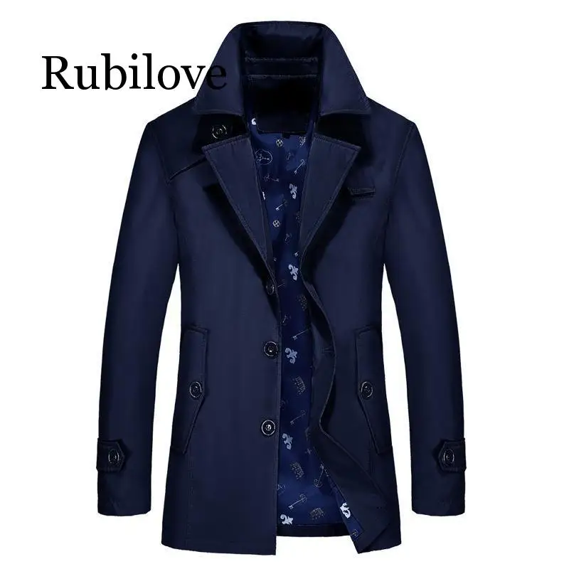 Rubilove, мужской Тренч, куртка, осень, для мужчин, модный бренд, приталенный, сплошной цвет, с отворотом, длинное пальто, повседневный Тренч, пальто для мужчин