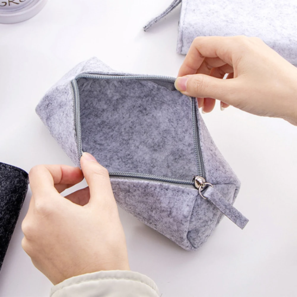 Round/Flat Large Capacity Zipper Felt Cute Pencil Case Student Stationery Storage Kawaii Pen Bag Pencil Case For Girls