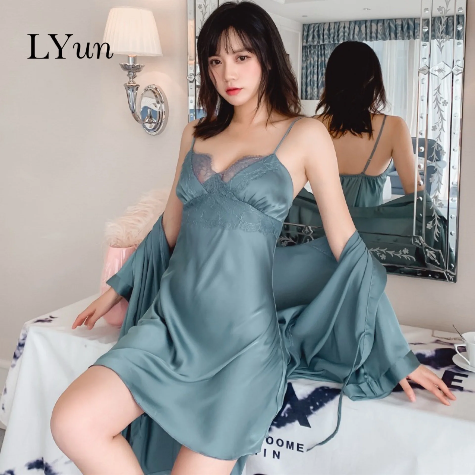

LYun Spring and summer simulation silk ladies with chest pad strap nightdress nightgown two-piece lace sexy temptation pajamas