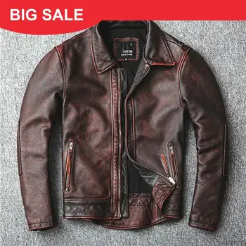 

2020 Vintage Brown Men American Style Casual Leather Jacket Large Size 4XL Genuine Cowhide Autumn Slim Fit Natural Leather Coat