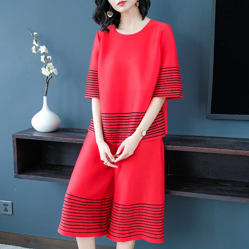 

LANMREM 2020 New Spring Round Collar Short Sleeve Stripe T-shirt Elastic Wide Leg Pants Women Vintage Pleated Set Tide PD770