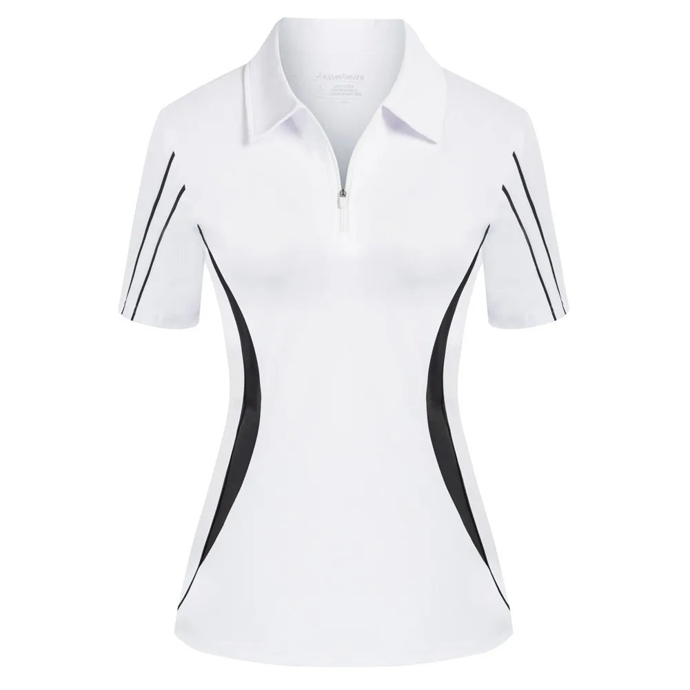 

JS Workout Tops Women Short Sleeve Zip Up Athletic Shirts Lapel Collar Shirt Contrast Color Sports Tops Quick-Dry Tunic A20