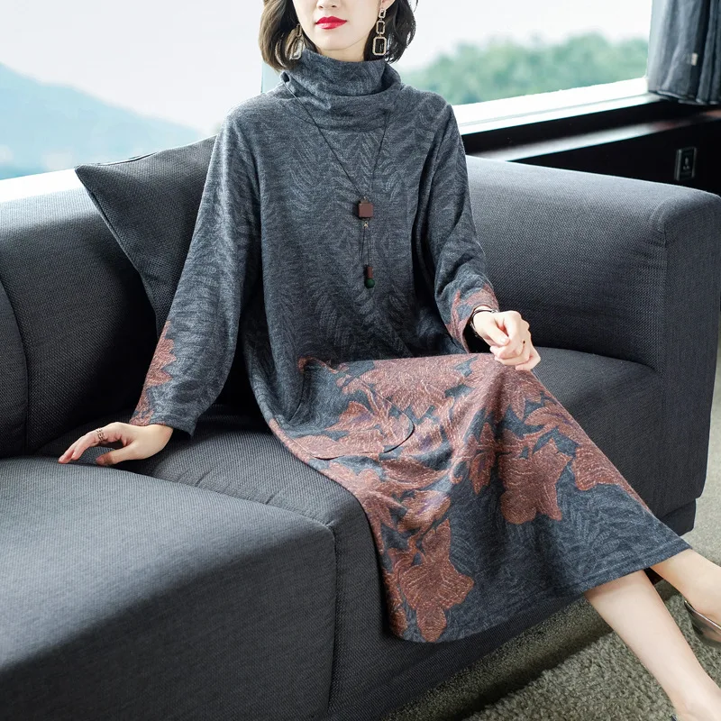 

2019 Autumn New Style Elegant Elegant Large Size High Collar Long Sleeve Mid-length Slimming Waist Hugging Retro Chiffon Dress W