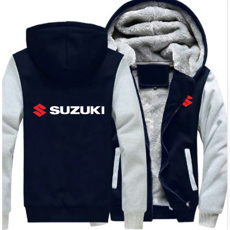 Мужские модные зимние пальто, мужские куртки на молнии с логотипом бренда Suzuki, утепленные толстовки с капюшоном, спортивные пальто с принтом
