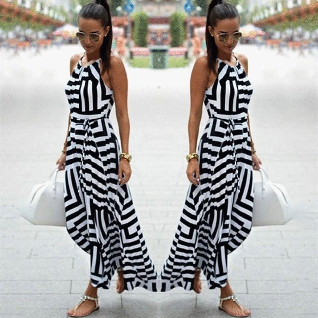 US $5.78 Bigsweety New Fashion Women Sexy Boho Striped Dress Summer Maxi Long Dress Sleeveless Beach Strap S