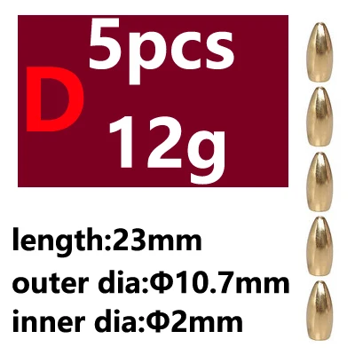 5pcs Saltwater Fishing Bullet Shape Copper Weights Metal Jig Head Deep Water Sinkers For Hook Lure Texas Rig Tackle Accessories - Цвет: 5pcs D type 12g