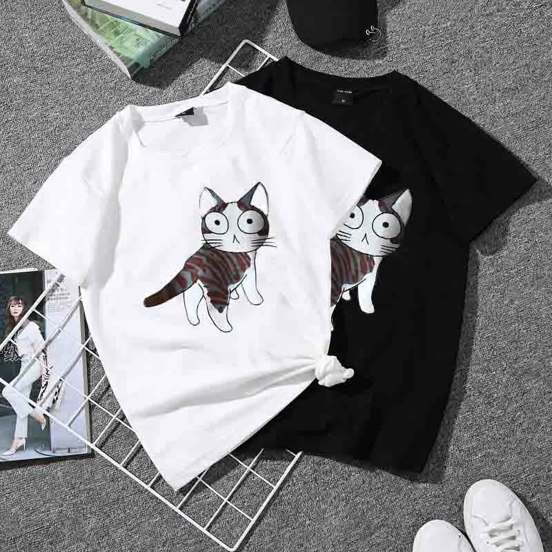 

Large Size Female T-shirt Round Collar Summer Kitten Pattern Print Loose Short Sleeve Casual Wild Black White Women T ShirtW