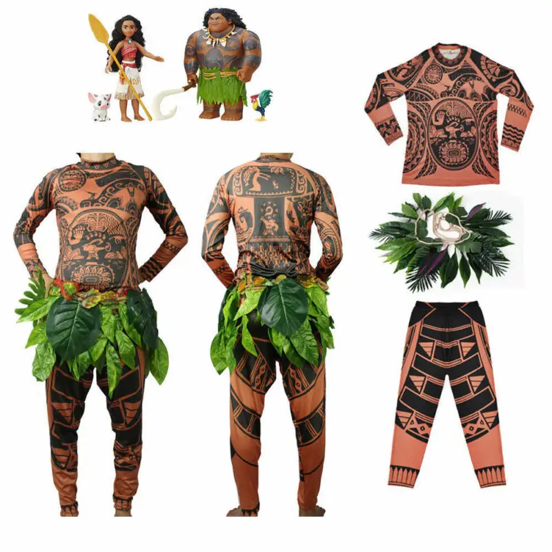 Ruewey Fantasia de Halloween para adultos, cosplay, fantasia de Moana Maui,  conjunto de camisetas e saias de folhas, Marrom, Small : : Moda