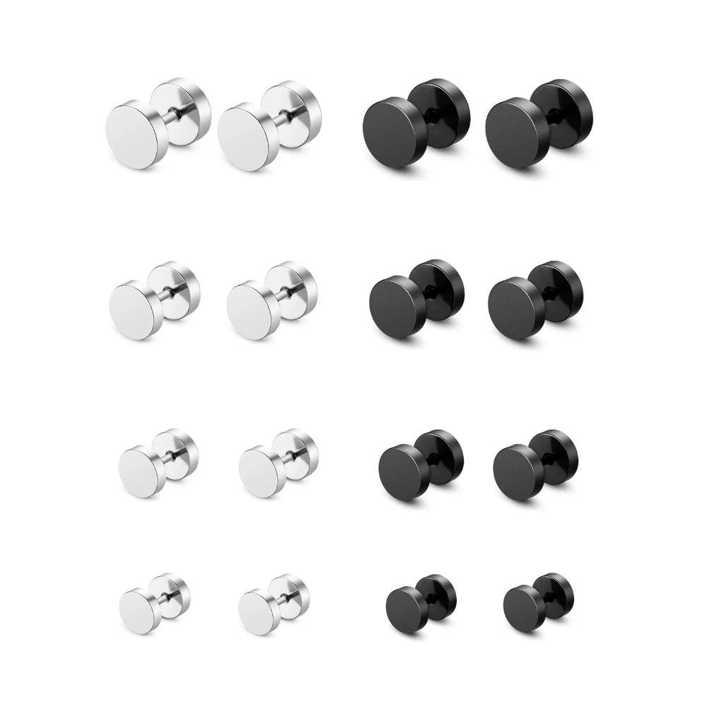 Mysream, 8 пар, круглые серьги-гвоздики, набор для мужчин и женщин, серебряные и черные цвета, размер 5 мм, 6 мм, 8 мм, 10 мм