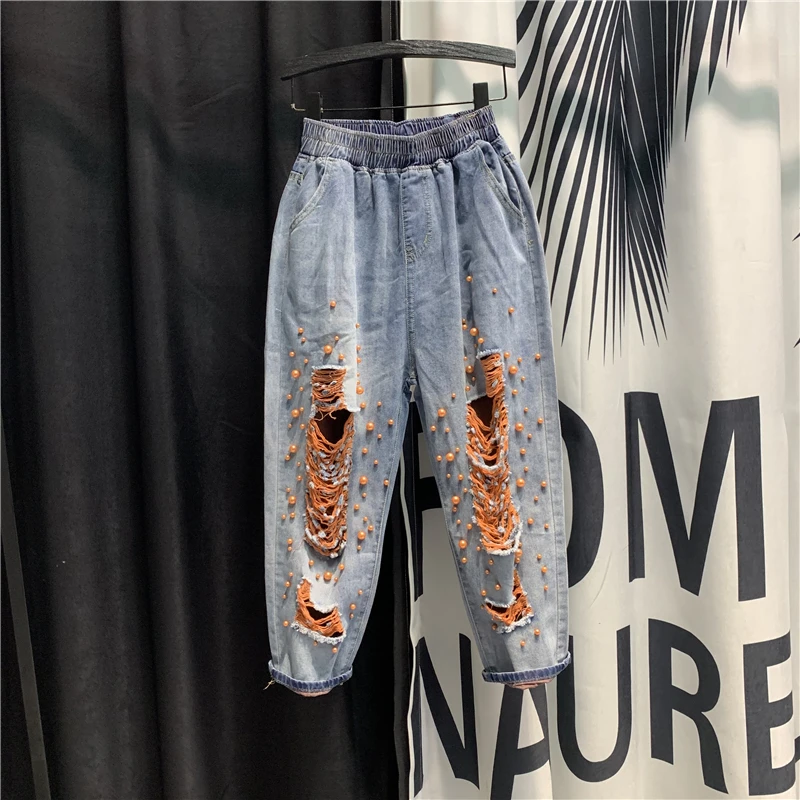 

Women's Loose High Waist Jeans 2020 Summer New Ripped Holes Beaded Harem Pants Fashion Elastic Waist Denim Pants Students Jeans