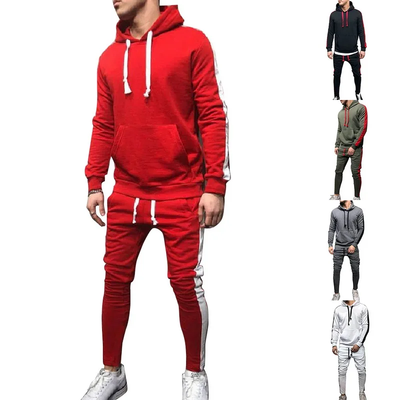 

2019 Mens Side Striped Hoodies Set 2pc Tracksuit Suit Set Sweatshirt &Sweatpants Set Men High Street Sportswear