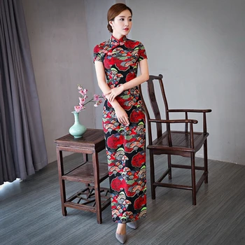 

Plus size 5XL custom Chinese cheongsam costumes new national wind printing improved middle-aged perform slim long dress female