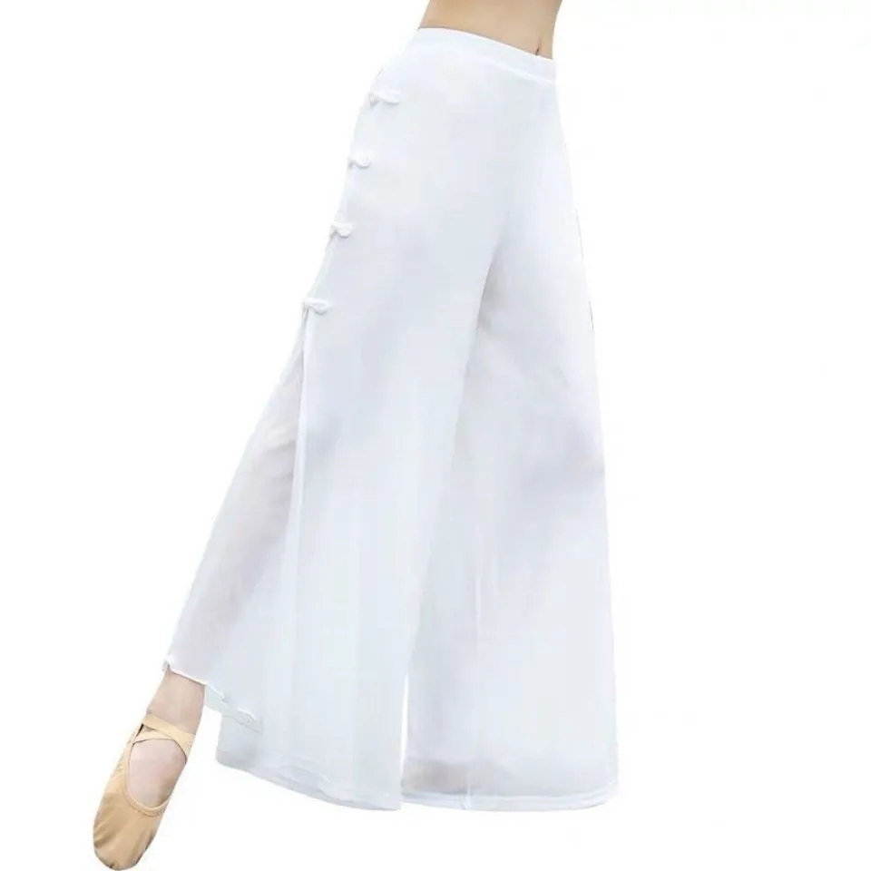 Women Pants Chinese Style Performance White Black Classical Dance Practice Clothes Kawaii Cute Trousers Wide Leg Elastic Waist