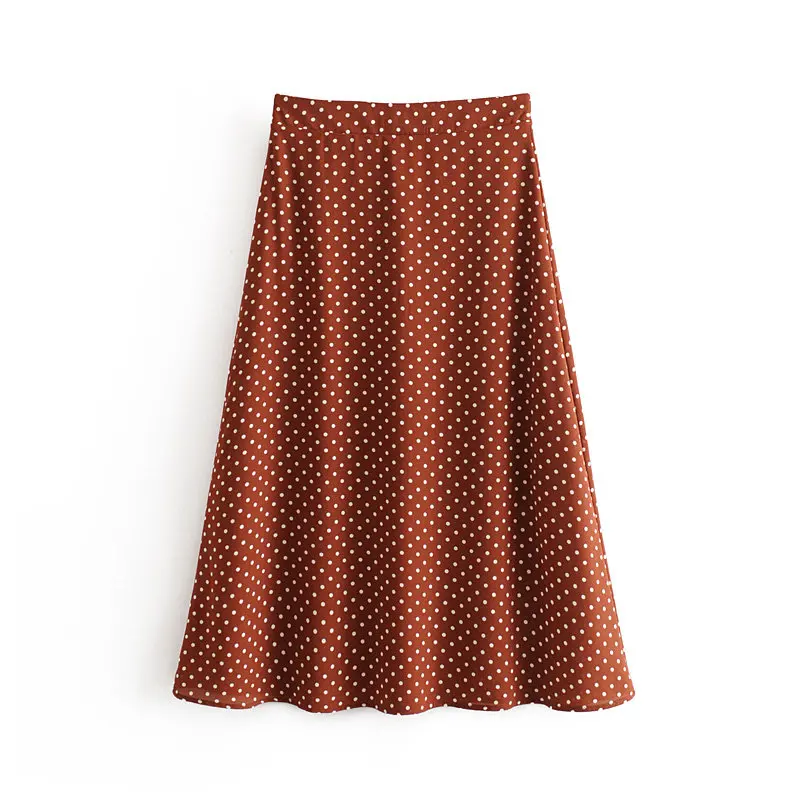 Bazaleas винтажные женские юбки с молнией сзади, шифоновые тонкие юбки миди, шикарная коричневая юбка с принтом в горошек - Цвет: 6905 brown O26